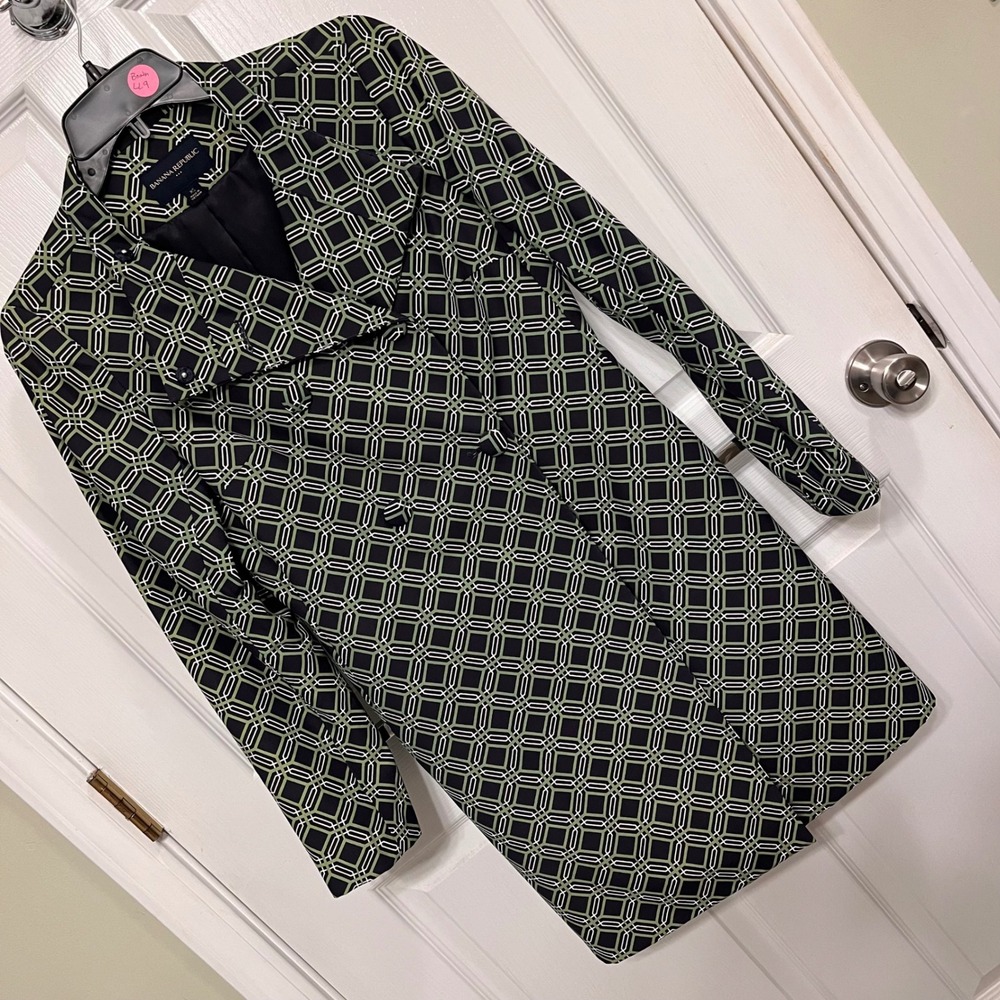 Banana Republic Green Black Geometric Trench Coat Double Breasted XS 743395-00